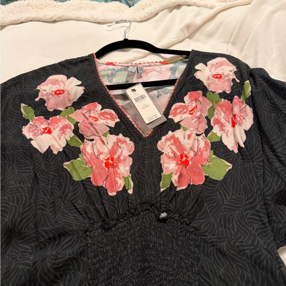 NWT Anthropologie Bl-nk London Tatiana Kaftan Black Floral V-Neck Midi Dress OS - Picture 4 of 7